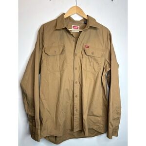 Wrangler Mens Long Sleeve Button Up Utility Work Shirt Tan Double Pocket Size L
